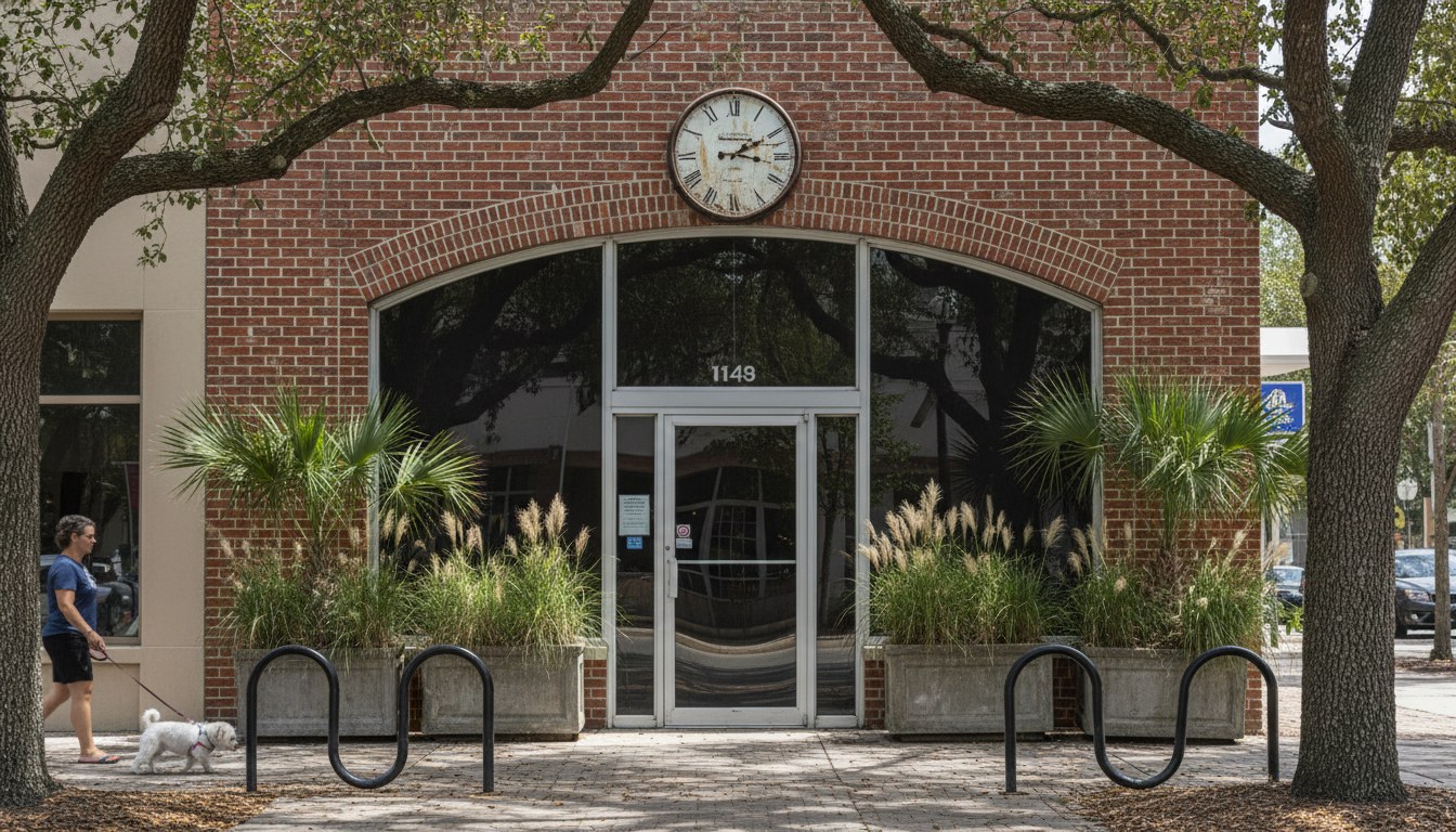 Orlando small-business storefront on a tree-shaded sidewalk with planters at midday